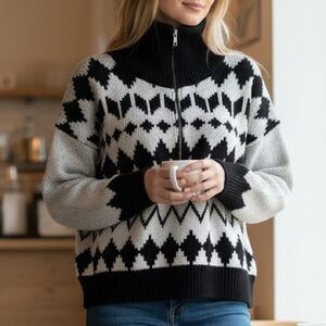 BLACK AND WHITE PULLOVER SWEATER. CHLOE + JASMINE MOCK NECK HALF ZIP. SIZE XL